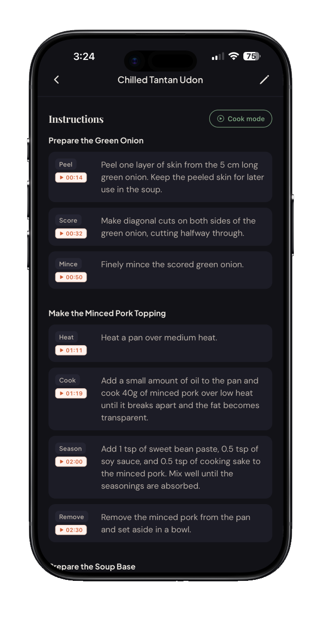 Koku cook-with-timestamps screen