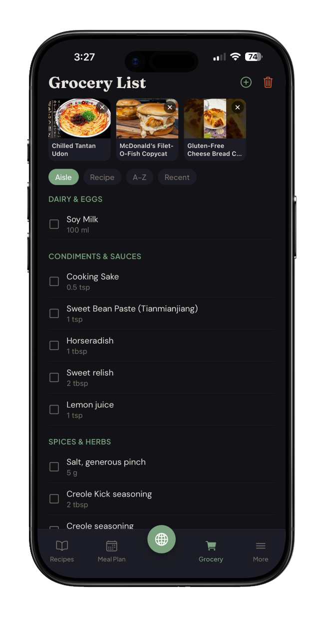 Koku grocery list screen