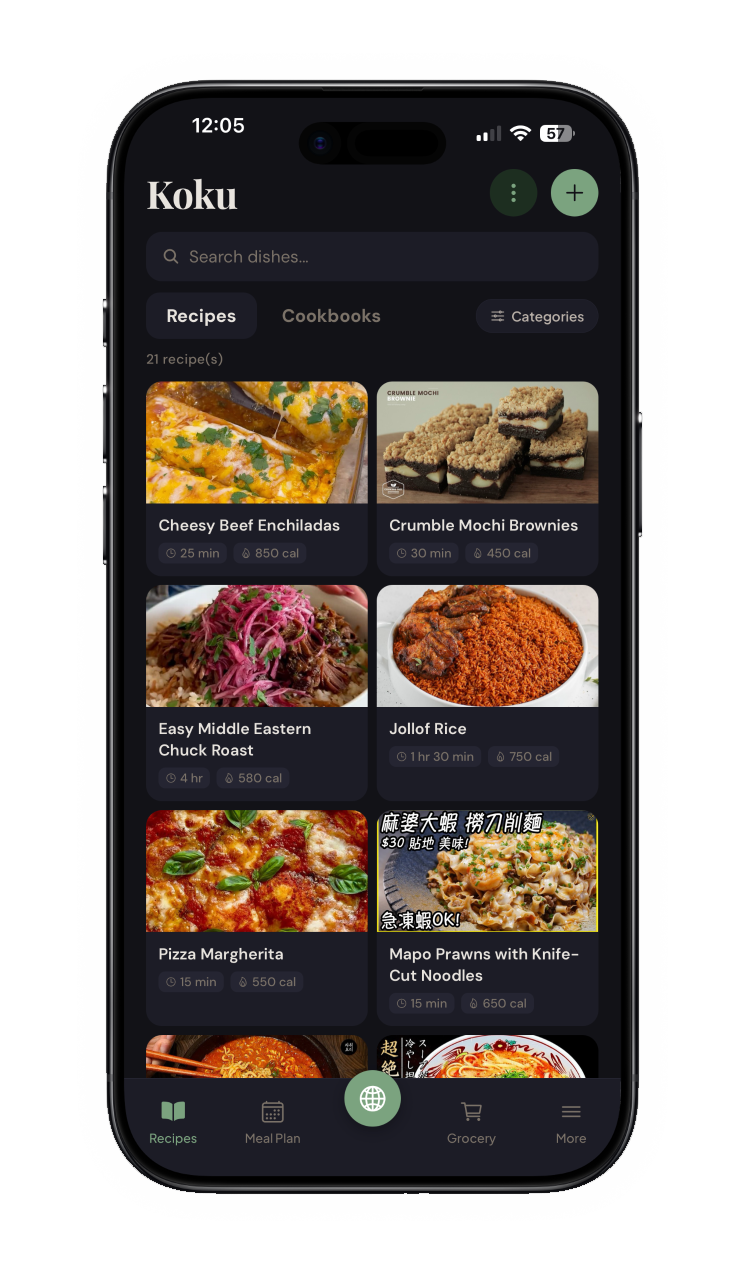Koku home screen — Recipes list with Cheesy Beef Enchiladas, Crumble Mochi Brownies, Easy Middle Eastern Chuck Roast, Jollof Rice, Pizza Margherita, and Mapo Prawns