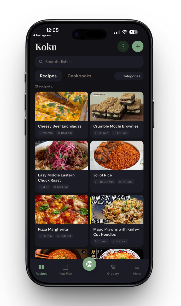 Koku home screen — Recipes list with Cheesy Beef Enchiladas, Crumble Mochi Brownies, Easy Middle Eastern Chuck Roast, Jollof Rice, Pizza Margherita, and Mapo Prawns